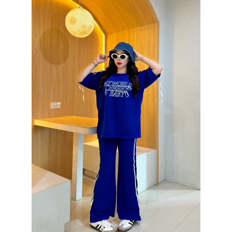 ชุดเชต2ชิ้นเสื้อยืแต่งโบว์แขน+กางเกงขาม้า