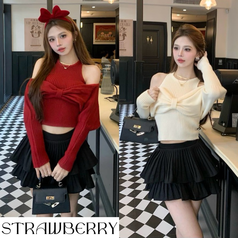 STR พร้อมส่ง ชุดเซ็ทสไตล์สาวเกาหลี ชุดเซท2ชิ้น เสื้อกันหนาวแขนยาว+ กระโปรงสั้น ชุดคุณหนู ดูแพง ชุดเซ็กซี่ ชุดไปเที่ยว