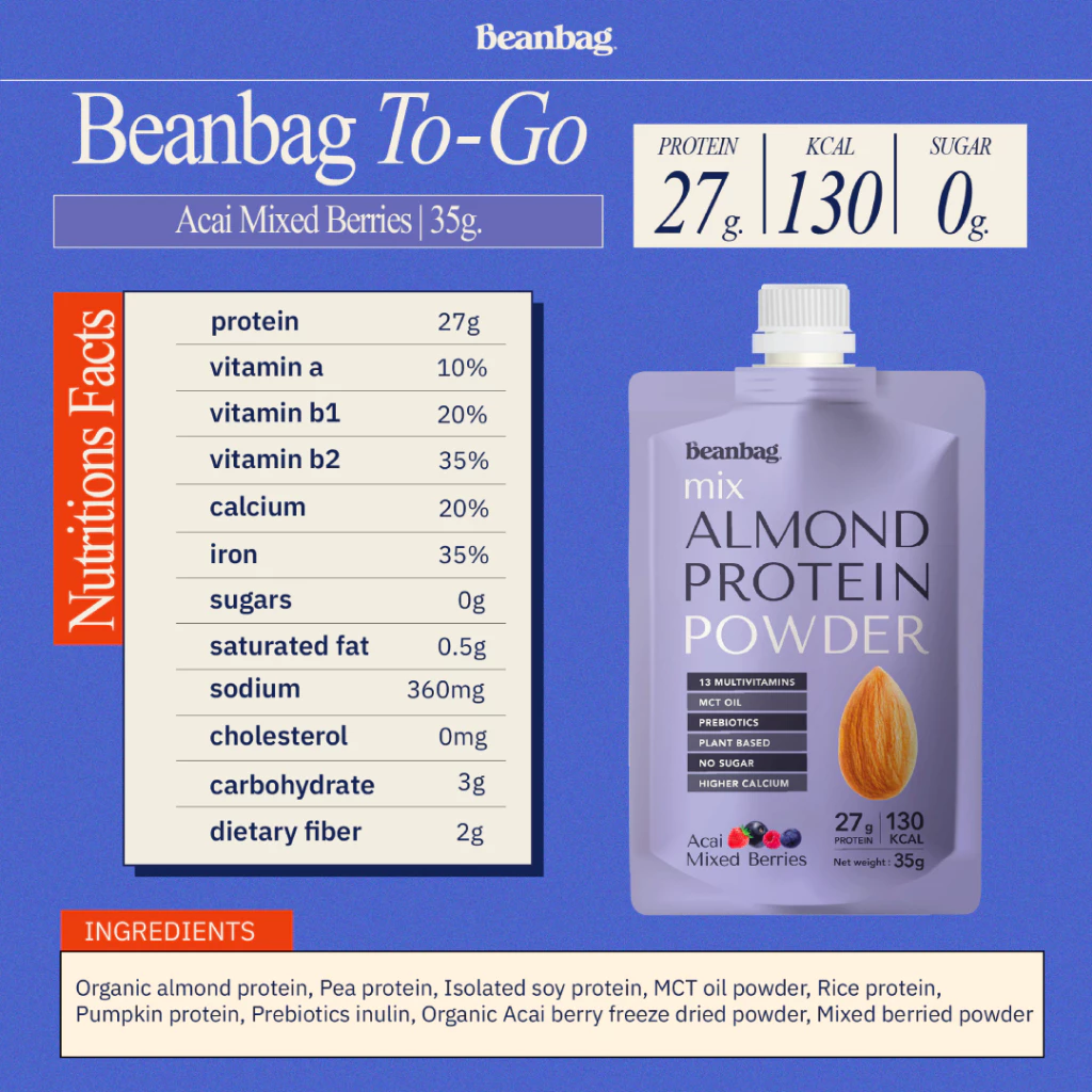 (สินค้าขายดี) Beanbag To Go 35g บีนแบ็กอัลมอนด์โปรตีน โปรตีนพืช แบบซองสะดวก พกพาง่าย เลือกรสชาติได้ ไม่มีน้ำตาล thumbnail 7