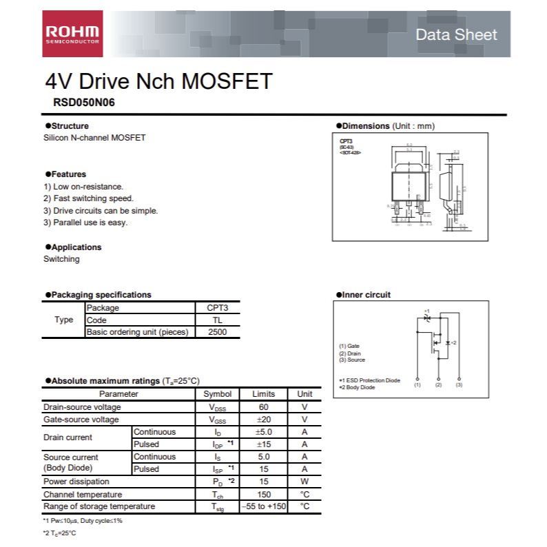 มอสเฟต RSD050N06TL RSD050N06 (จำนวน 10ชิ้น) 60V 5A 15W 4V TO-252 ROHM ของแท้