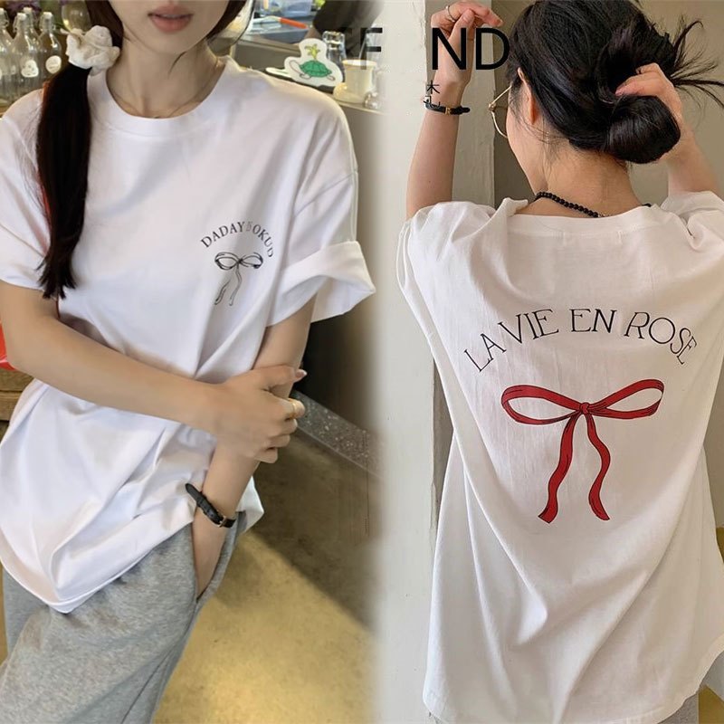 เสื้อยืดสวยๆผู้หญิงฤดูร้อนใหม่ oversize เสื้อผ้าสไตล์ญี่ปุ่น ทรงหลวมลำลอง เสื้อโอเวอร์ไซส์สไตล์เกาหลี สกรีนลายโบว์น่ารัก