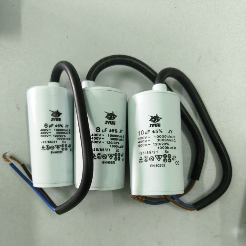 คาปาเครื่องซักผ้าหรือปั๊มน้ำ CBB60 450V.AC. 6uf 7uf. 8uf. 10uf. 20uf สีขาวมีสาย
