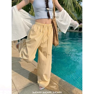 🥰กางเกงสตรีลายทาง กางเกงลำลอง กางเกงขายาวทรงหลวม ผ้าใส่สบาย มีเชือกผูกเอวสูง มี 3 สี
