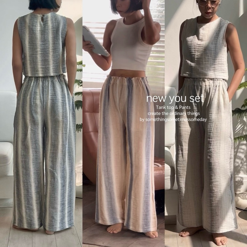 กางเกงขายาวผ้าสาลูทอลายเส้น (new you pants) ผ้าธรรมชาติ ฟรีไซส์ ใส่สบายๆ