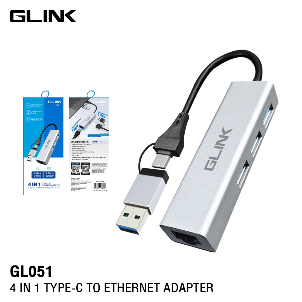 GLINK GL-051 USB3.0 + Type-C Hub+Gigabit Adapter อุปกรณ์เพิ่มช่องต่อ USB3.0+RJ-45 10/100/1000