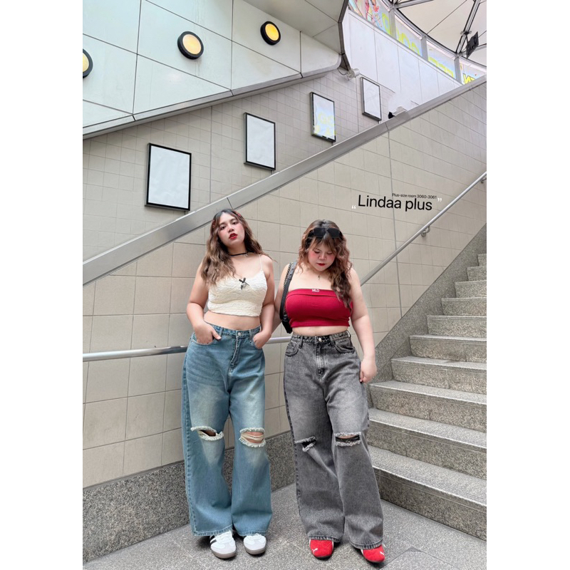 กางเกงยีนส์ขากระบอกใหญ่ ขาดเข่า รุ่น Ripped งานป้าย Lindaa plus+