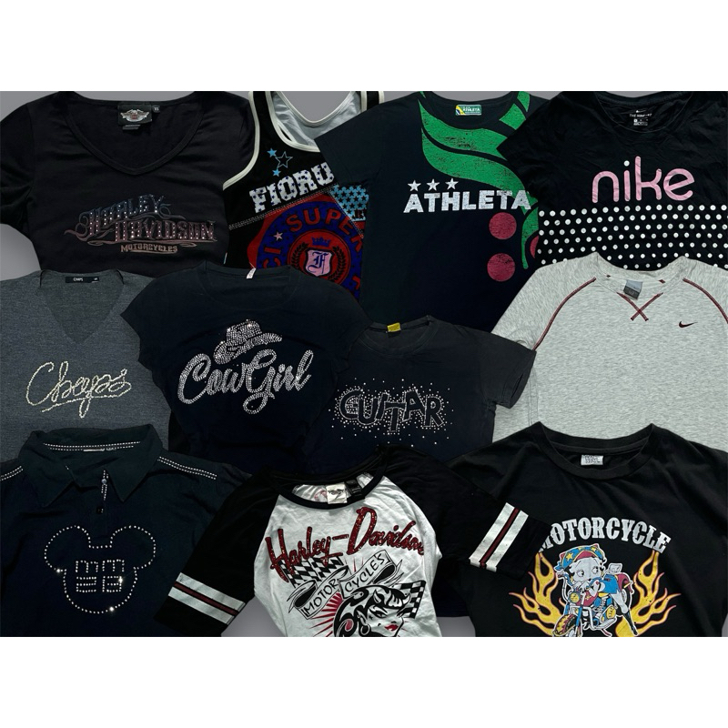 ࿔‧ ֶָ֢˚˖𐦍 Lot 1 25/10 ˖˚ֶָ֢ ‧࿔ Baby Tee เสื้อเด็กเบบี้ทีมือสอง ; โทนสีดำ-เทา Y2K coquette fairy grun