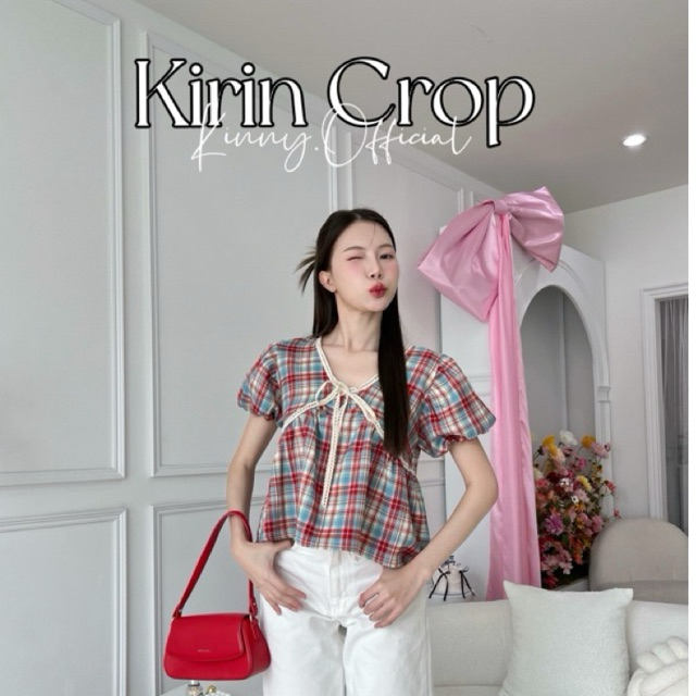 Kirin Crop เสื้อครอปผู้หญิง ลสยผ้าสก็อตแขนตุ๊กตา Lady Women Clothing