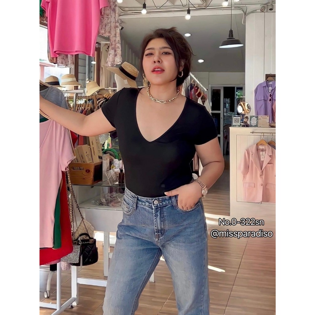 0-322sn เสื้อยืดคอวีลึก ผ้าเรย่อนความเปรี้ยวปัง คอลึกสุดใจปังอ่ะแม่