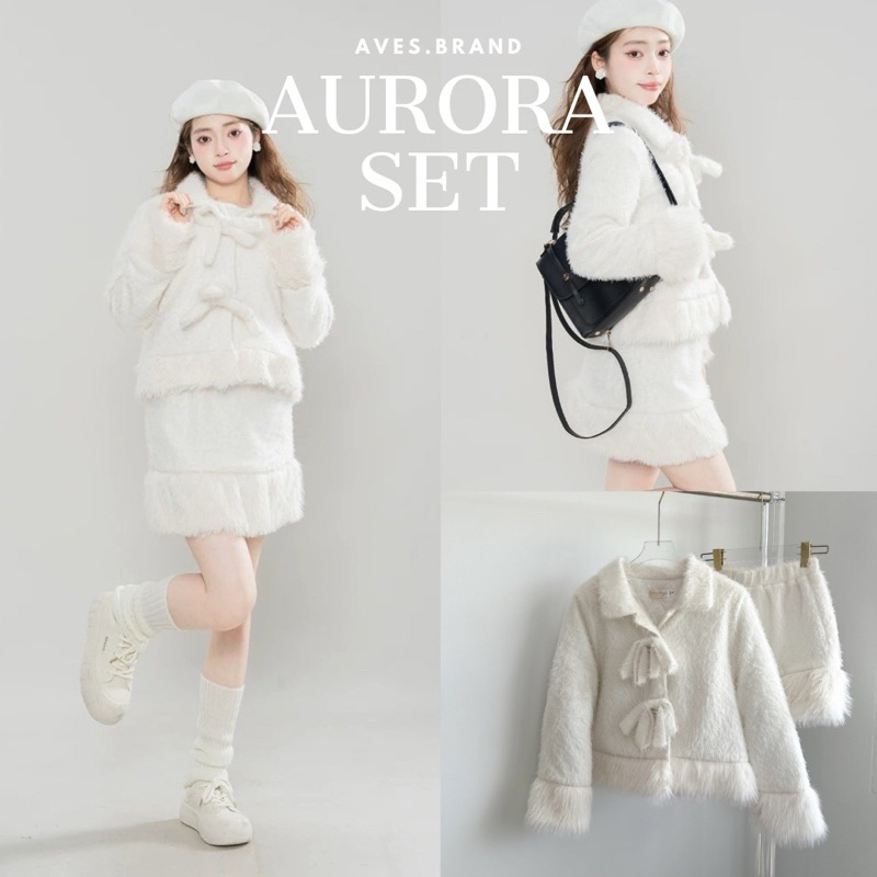 AVES.BRAND AURORA SET ชุดเซ็ตกระโปรงขนๆ สีขาว แต่งโบว์