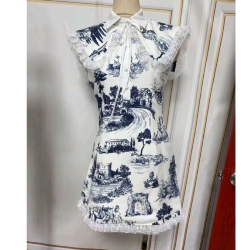 (S) พร้อมส่ง🌷ชุดเดรสคอปกแต่งลูกไม้ลายแบรนด์สีน้ำเงิน งานป้าย NT Princess แท้ มือ1 ป้ายห้อย