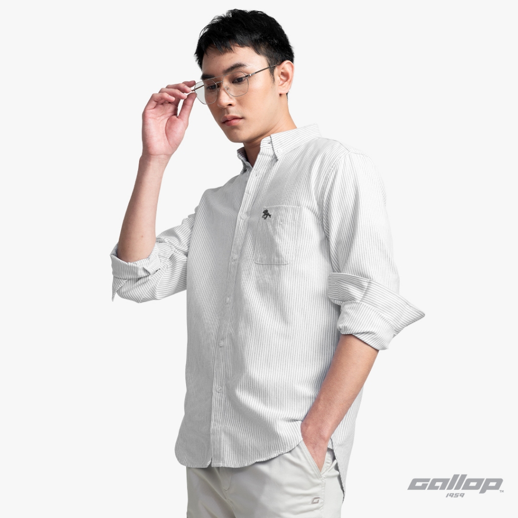 GALLOP : Striped Oxford Casual Shirt เสื้อเชิ๊ตแขนยาวลายริ้ว รุ่น GW9035 สี Light gray green เทาเขียว / ราคาปกติ 2,190.-