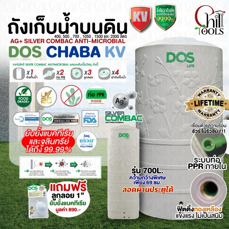 NEW! ถังเก็บน้ำ DOS CHABA KV ยับยั้งแบคทีเรีย และยับยั้งโคโรนาไวรัส ดอส รุ่น ชบา สีเทา รับประกันตลอดอายุการใช้งาน