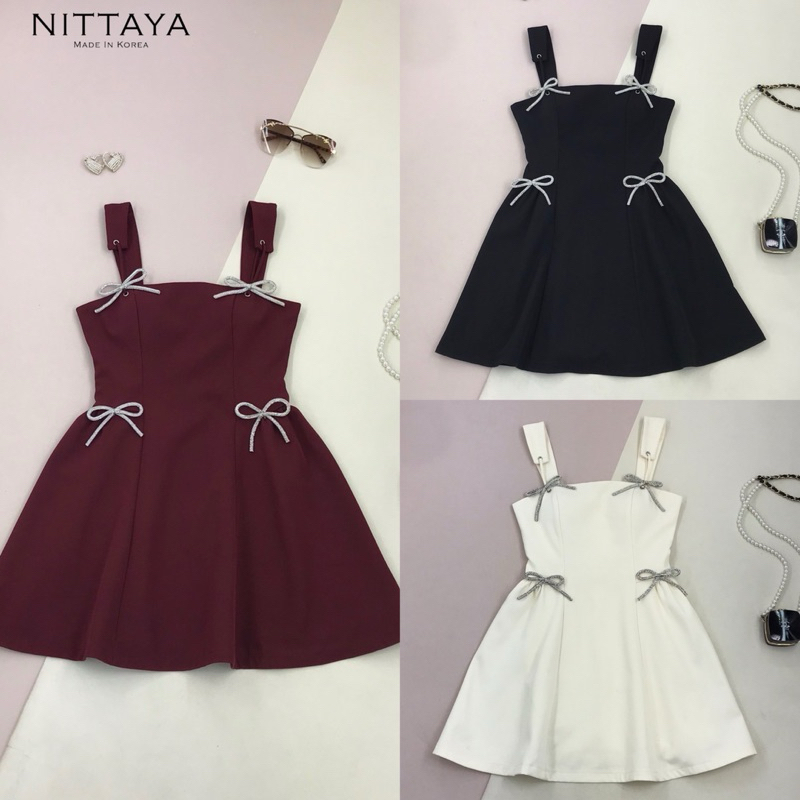 [NITTAYA] D2574 ชุดเดรสกระโปรงสายตะเกียบดีเทลแต่งโบว์เพชร ทรงสวยเรียบหรูดูแพงผู้ดีสุดๆ ใส่เที่ยว ออกงาน ดินเนอร์ ปาร์ตี้