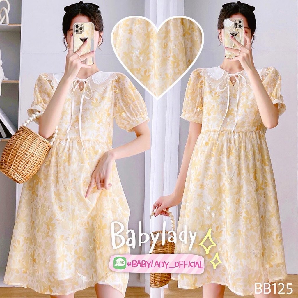 BB 125 ชุดคลุมท้องสไตล์เกาหลี เนื้อผ้าออร์แกนซาพิมพ์ลาย คอปกระบายลูกไม้ มีซับในทั้งชุด รุ่นนี้สามารถใส่ทำงานได้ค่ะ
