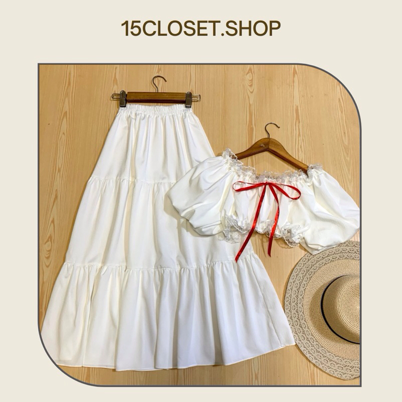 ชุดเซตเสื้อครอปแขนพองบอลลูน+กระโปรงยาวเอวยางยืด ซื้อแยกได้ค่ะ