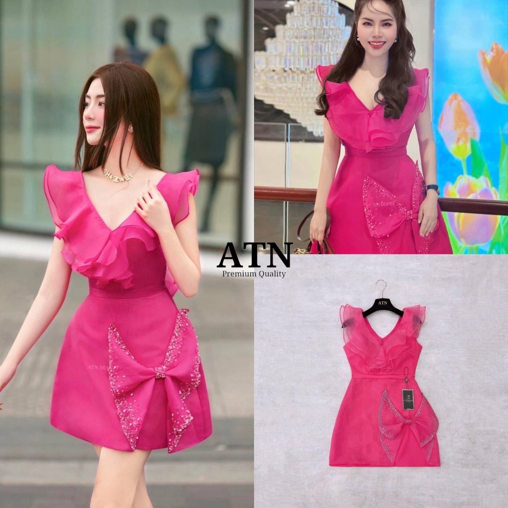 ATN08 Tag-ATN BRAND มินิเดรสสีชมพูแต่งระบายฟรุ้งฟริ้งที่ไหล่และอก