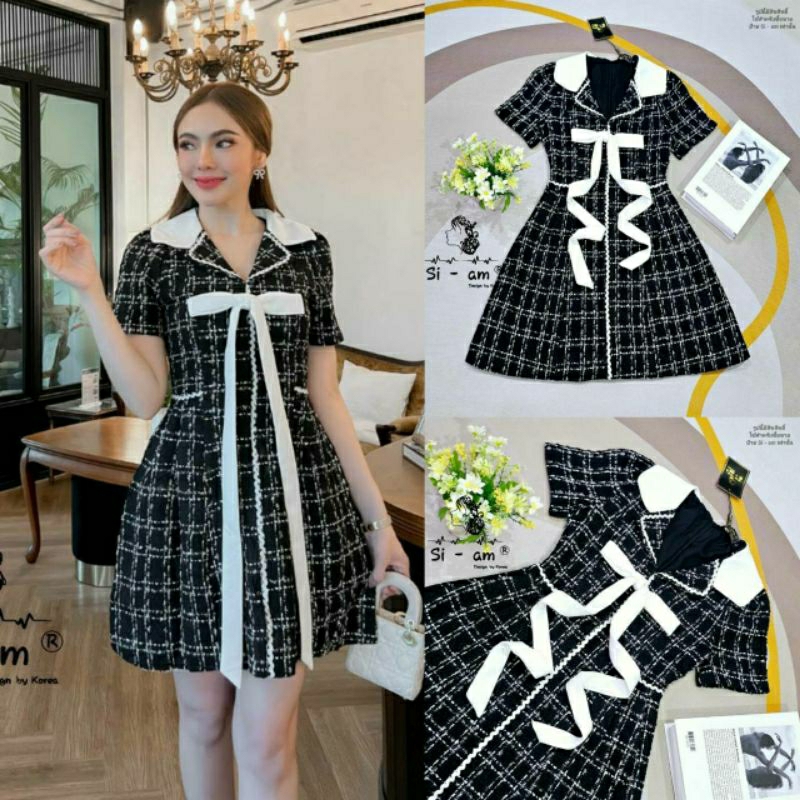 (M-XL) Si-am📣พร้อมส่งเดรสสั้นคอปกผ้าทวิตแต่งริบบิ้นแต่งโบว์ที่อกมีกระเป๋าหน้า2ข้าง
