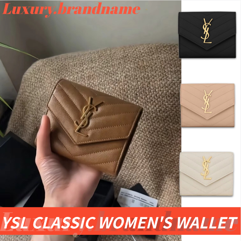 แซงต์โลรองต์ Yves Saint Laurent YSL MATELASSÉ กระเป๋าเงินเหรียญกระเป๋าสตางค์สามพับ กระเป๋าสตางค์ผู้หญิงสไตล์คลาสสิก