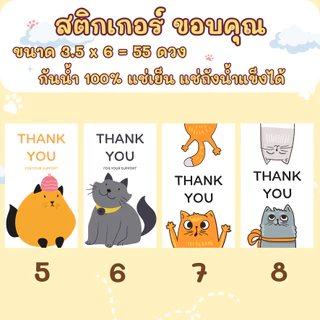 🔥สติกเกอร์กันน้ำ 100%💦 ชุด ขอบคุณ Thank You ลายแมว ขนาด 3.5x6 cm ได้ 55 ดวง