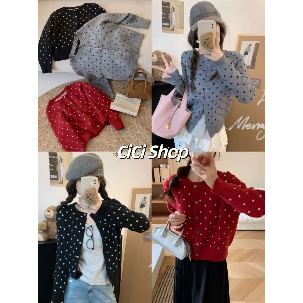 Cicishop(ZJ802) เสื้อคาดิแกนไหมพรมแขนยาวกระดุมหน้าแต่งลายจุด สไตล์ฝรั่งเศส
