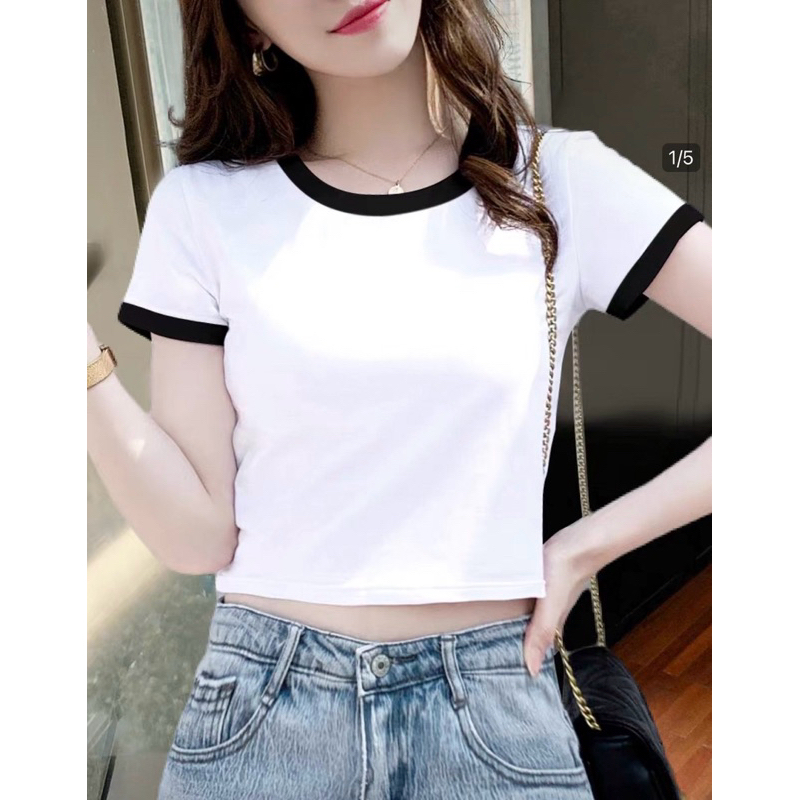 เสื้อครอปสั้นตัดขอบสีผ้าเด้งสวย ผ้ายืดตามตัว ใส่สบายไม่ร้อน