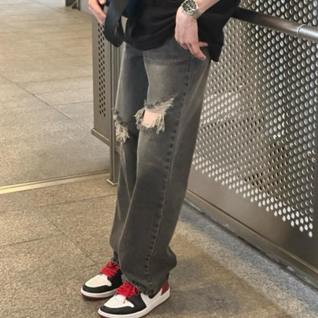 (6690)กางเกงยีนส์ เอวสูง ทรงกระบอกใหญ่ สีดำ-สีสนิมเฝดๆ  ผ้าไม่ยืด Pants (แนะนำลดไซต์ เพราะกางเกงเอวสูงค่ะ)