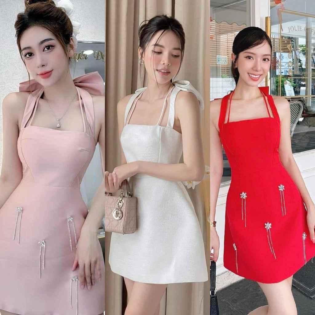ร้านโค้ดคุ้ม Rattana มินิเดรสสายเดี่ยวคล้องคอ สีชมพู แต่งโบว์ เรียบหรู ใส่ออกงาน ดินเนอร์ งานแต่ง