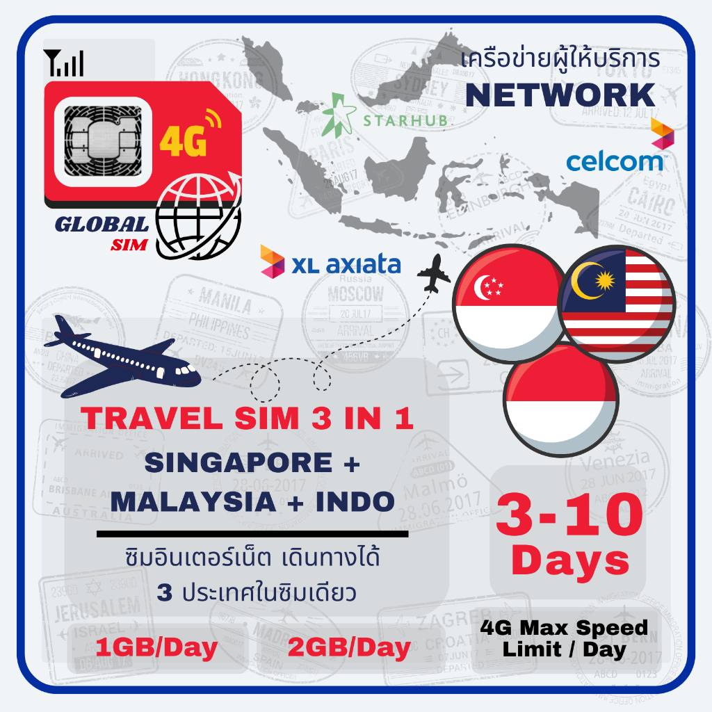 Singapore, Malaysia & Indonesia SIM ซิมสิงค์โปร, มาเลเซีย & อินโด 3-12 Days 4G Max speed limit/ day