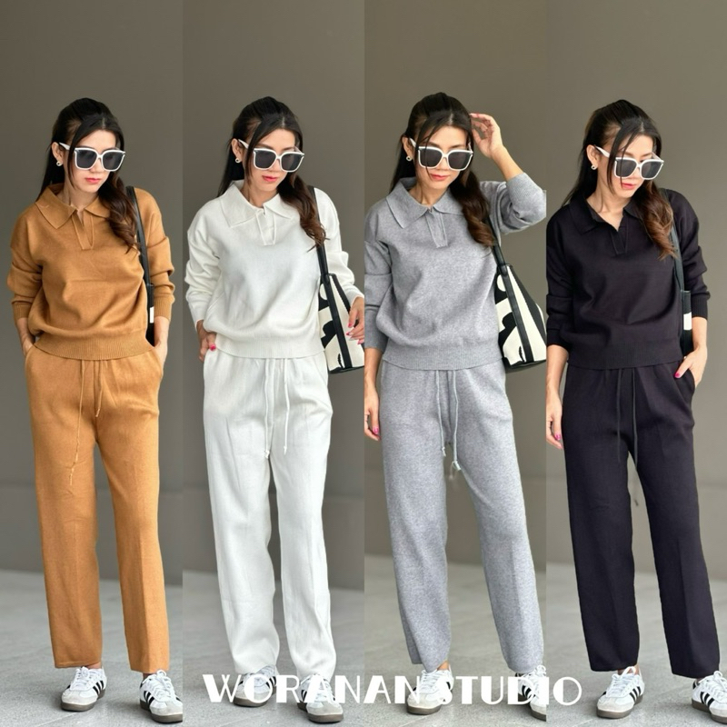 Airport look เซ็ตไหมพรม ชุดเซท 2 ชิ้น เสื้อคอโปโลแขนยาว