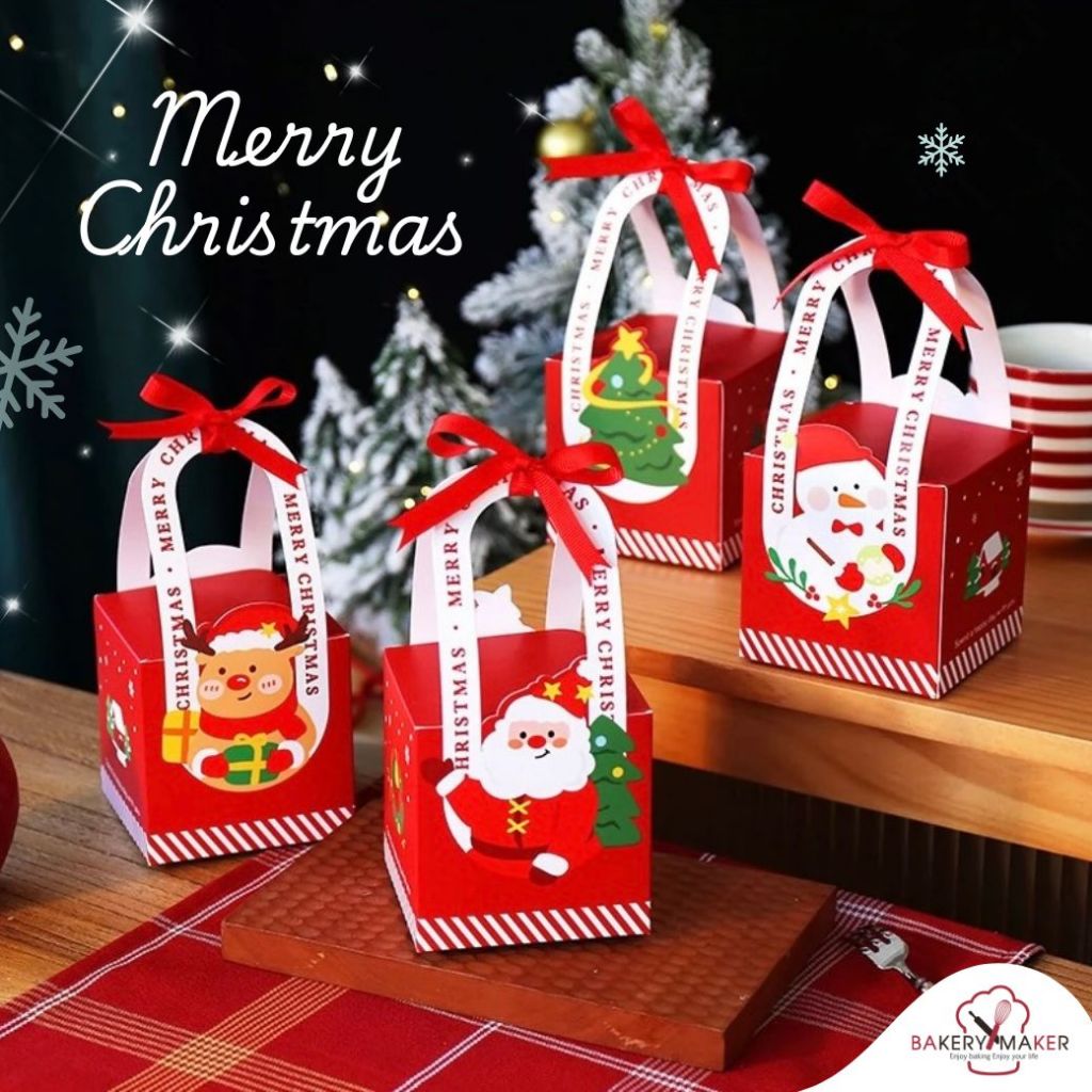 กล่องคุกกี้ คริสต์มาส แซนต้า & ต้นสน 5 ใบ หูหิ้ว พร้อมริบบิ้น / Christmas หูโค้ง