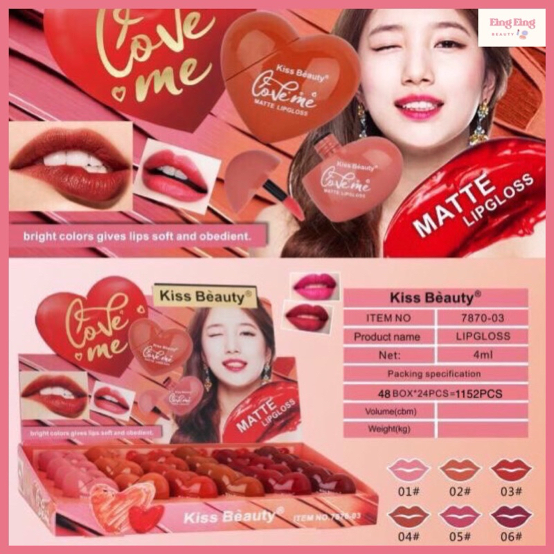(7870) Kiss Beauty Love Me Matte Lip Gloss ลิปจิ้มจุ่ม เนื้อเเมท สีชัด สวย ติดทน รูปหัวใจ