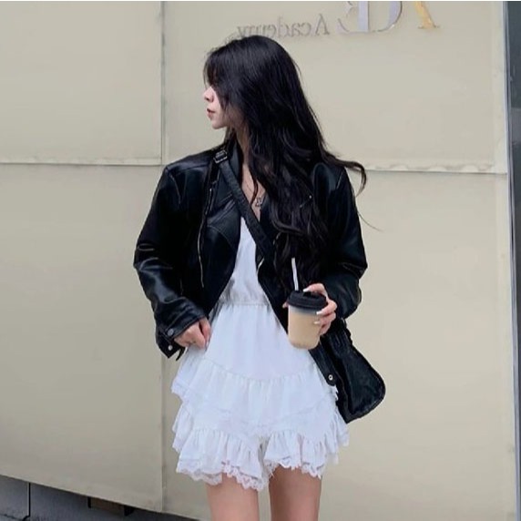 【xxavc825h0】 แจ็คเก็ตหนังรถจักรยานยนต์สีดำสำหรับผู้หญิงฤดูใบไม้ผลิและฤดูใบไม้ร่วงใหม่ย้อนยุคระดับไฮเอนด์แจ็คเก็ตหนัง  PU - รูปที่ 4