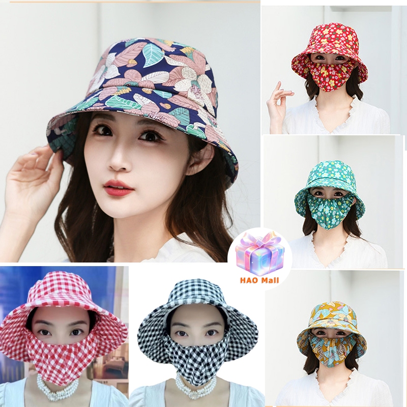 หมวกแก๊ปกันแดด หมวกกันแดด หมวกคลุมหน้ากันแดด Topi Bucket หมวกบังแดดพับเก็บได้หน้า หมวกแบบบูรณาการพิมพ์ลายสำหรับผู้หญิง