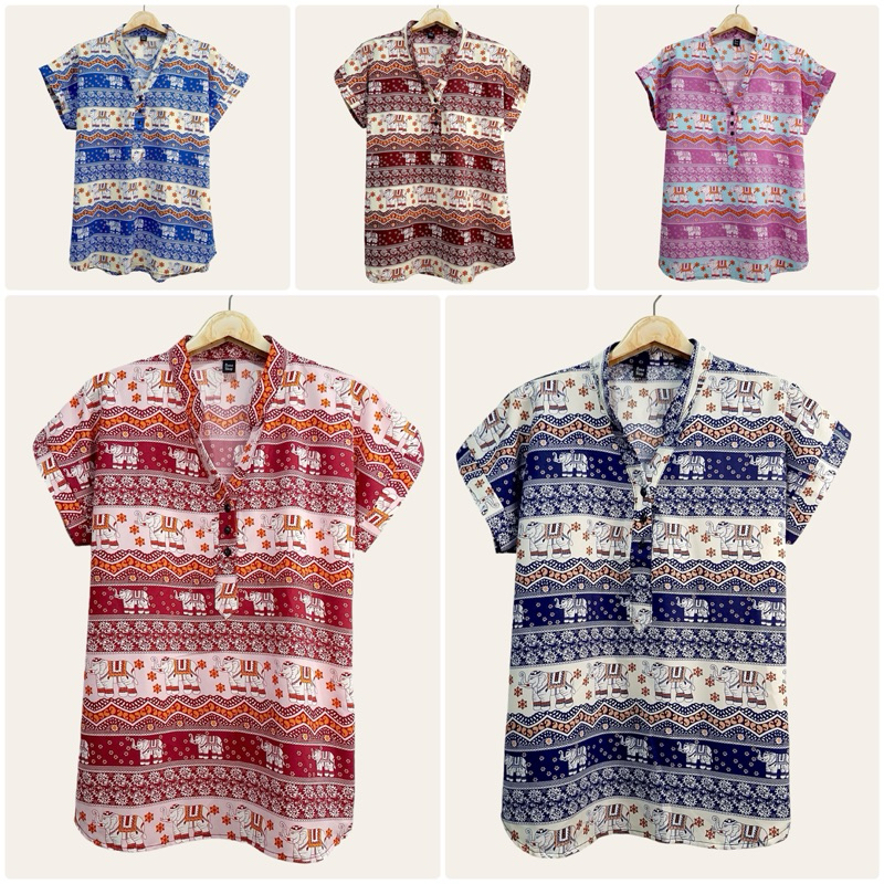(อก 44”) เสื้อคอจีน เเขนสั้น ลายช้าง ผ้าไหมอิตาลี ไม่ต้องรีด