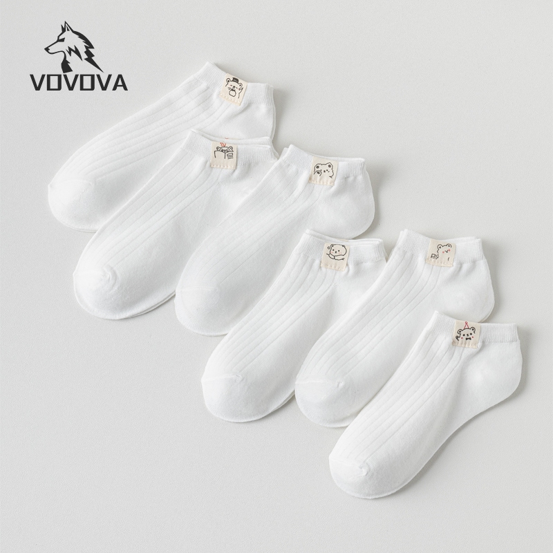 VOVOVA【ห้า คู่】ถุงเท้าสั้นที่มีไอคอนหมีขาว สีเด่น ระบายอากาศดีแฟชั่น ถุงเท้าข้อสั้นลายน่ารัก เนื้อผ้านุ่ม