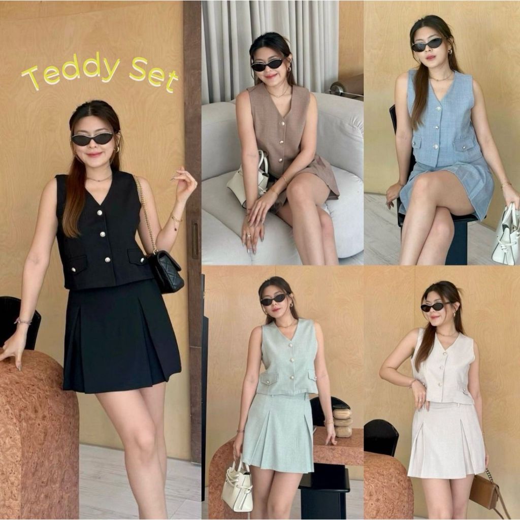 Teddy Set : ชุดเซ็ท 2 ชิ้นกระโปรงสั้น ชุดเซ็ทกระโปรงผ้าทอ เสื้อกั๊กกระดุม งานน่ารัก ออกงานได้ ป้าย BETTY.