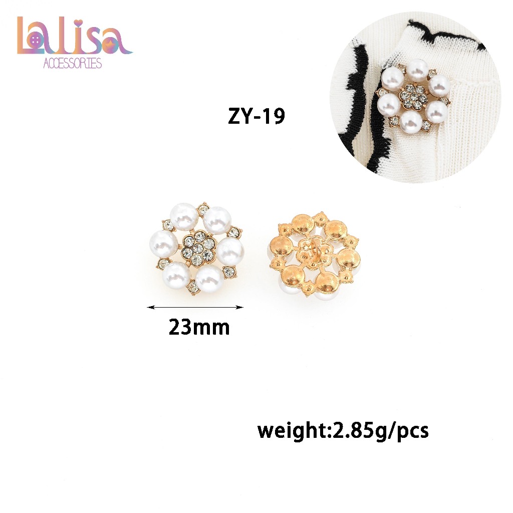 กระดุมมุกพลอยเทียมโลหะผสม กระดุมมุกดอกไม้ Alloy button 23mm. ZY-19