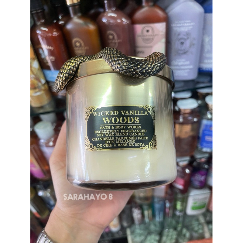 Bath & Body Works Wicked Vanilla Woods Gold Snake Lid 3-wick Candle Halloween 411g. ของแท้