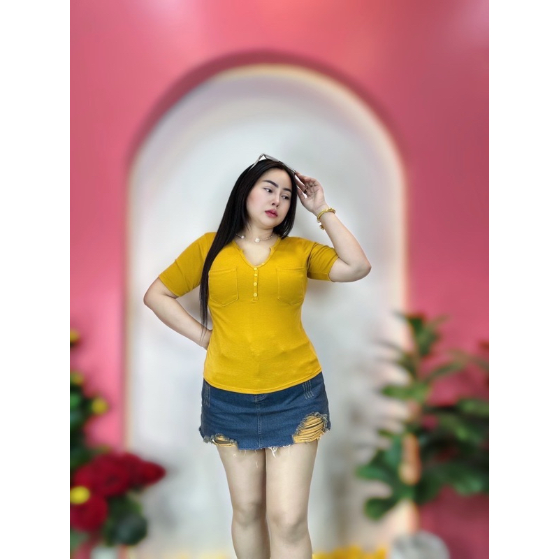 เสื้อสาวอวบร้านแป้งแฟชั่น❤️เสื้อยืดคอวีแต่งกระดุมแขนสั้น อก38-46 ยาว24ผ้าร่องยืด. - รูปที่ 4