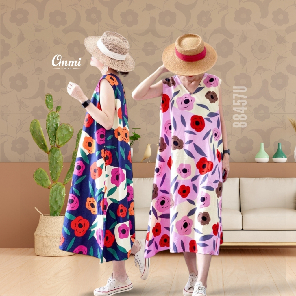 Ommishop 88457U ชุดเดรสคอวีแขนกุด Cotton Japan 100% ตอกอุเมะ (Bonus)