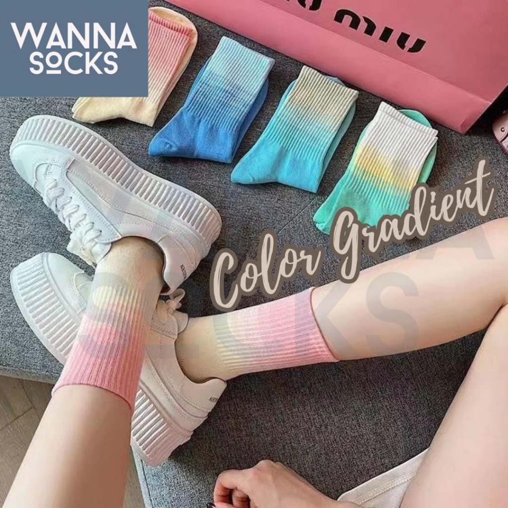 ส่งจากไทย!! ถุงเท้าแฟชั่น Color Gradient ข้อกลาง สีทูโทน ถุงเท้าผู้หญิง แนววินเทจ ทำจากผ้าฝ้าย A79