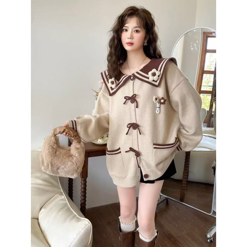 Chinshirt เสื้อคาร์ดิแกนคอปกดอกไม้กระดุมโบว์น่ารักๆ สไตล์คุมโทนคาเฟ่ เสื้อกันหนาวสาวอกใหญ่