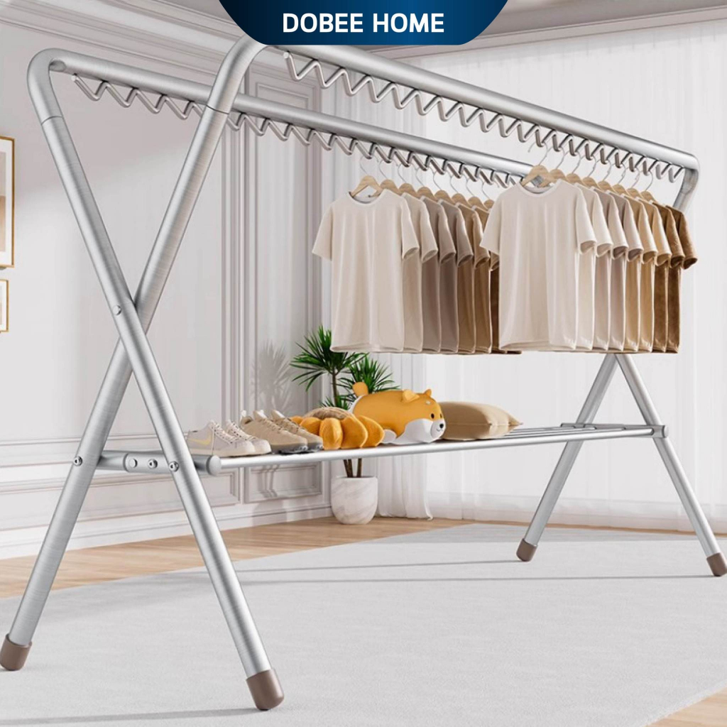 🔥🔥 ราวตากผ้าสแตนเลสพับได้ ที่แขวนผ้า ไม้แขวนผ้า พร้อมชั้นวางของ ชั้นวางรองเท้า พับเก็บง่าย กลางแจ้ง ไม่เป็นสนิม