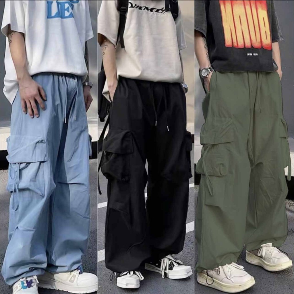 4 สี กางเกงขากว้าง เอวสูง ทรงหลวม มีกระเป๋า สไตล์เกาหลี ฮาราจูกุ แฟชั่นเรโทร สําหรับผู้ชาย