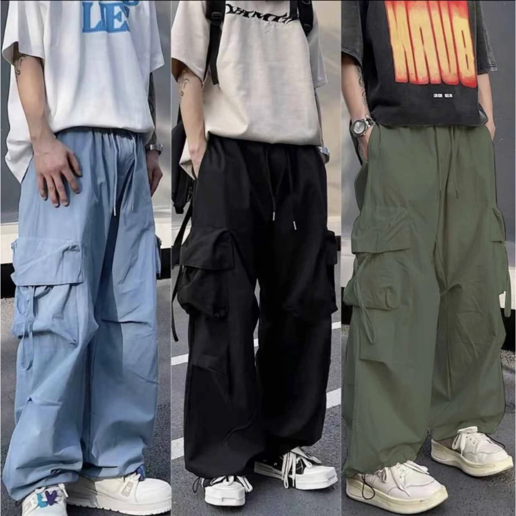 4 สี กางเกงขากว้าง เอวสูง ทรงหลวม มีกระเป๋า สไตล์เกาหลี ฮาราจูกุ แฟชั่นเรโทร สําหรับผู้ชาย