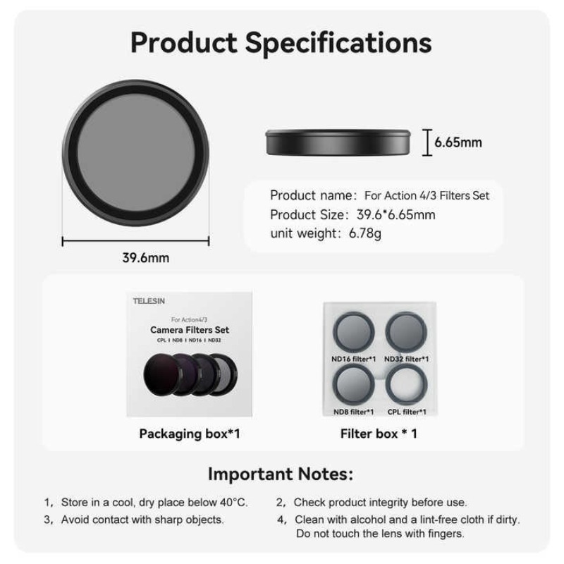 Telesin CPL+ND8/16/32 Lens filter kit  for DJI Osmo Action 5Pro/4/3 (AGC Glass)