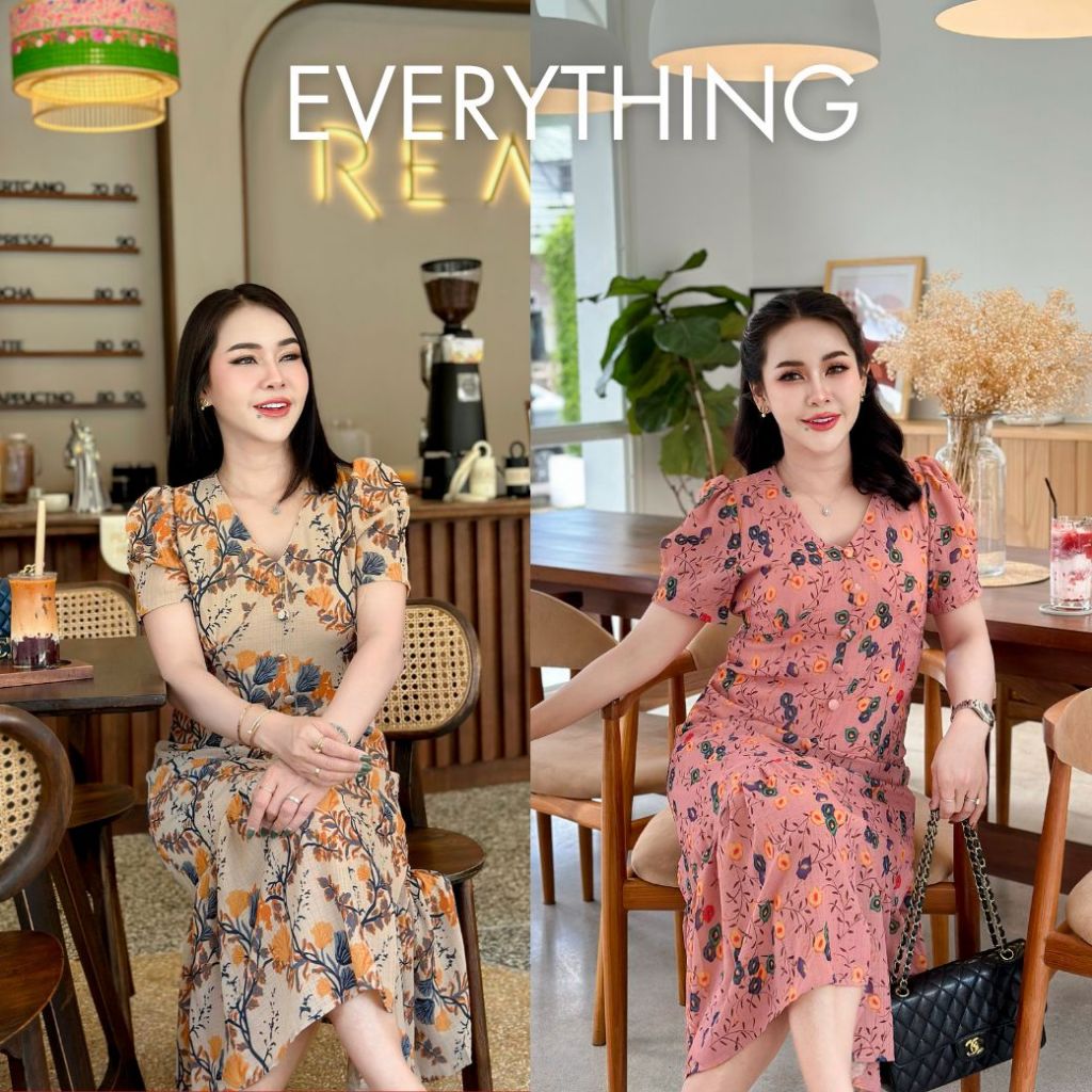 Everything2019 เดรสยาวผู้หญิงคอวี แต่งกระดุมปั้ม ชายระบาย ผ้ารังผึ้ง ซิปหลังมีโบว์ผูก ซับในทั้งตัว (6267)
