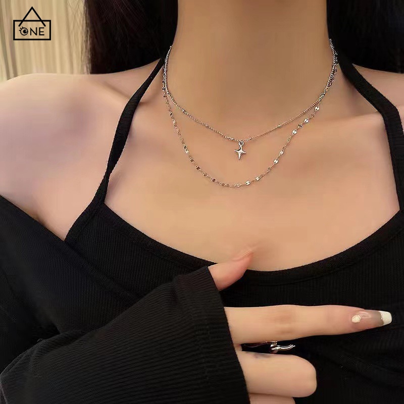 COD❤️สร้อยคอไทเทเนียมเหล็กสองชั้นจี้รูปดาวแฟชั่นโซ่ไหปลาร้าระดับไฮเอนด์เครื่องประดับผู้หญิง-a.one