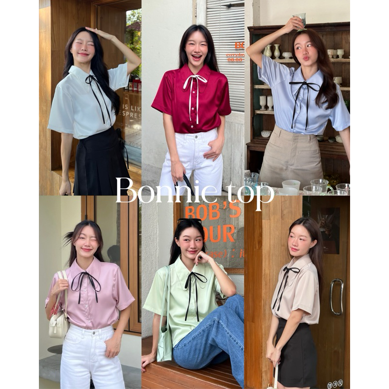 AGLEAMIN3011 | Bonnie top 03 เสื้อเชิ้ตแขนสั้นคอปก แถมฟรีเชือกผูกโบ